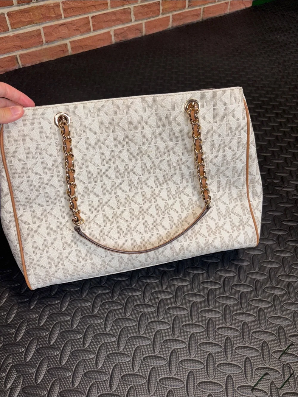 Michael Kors White and Brown MK Logo Chain-Handle Tote